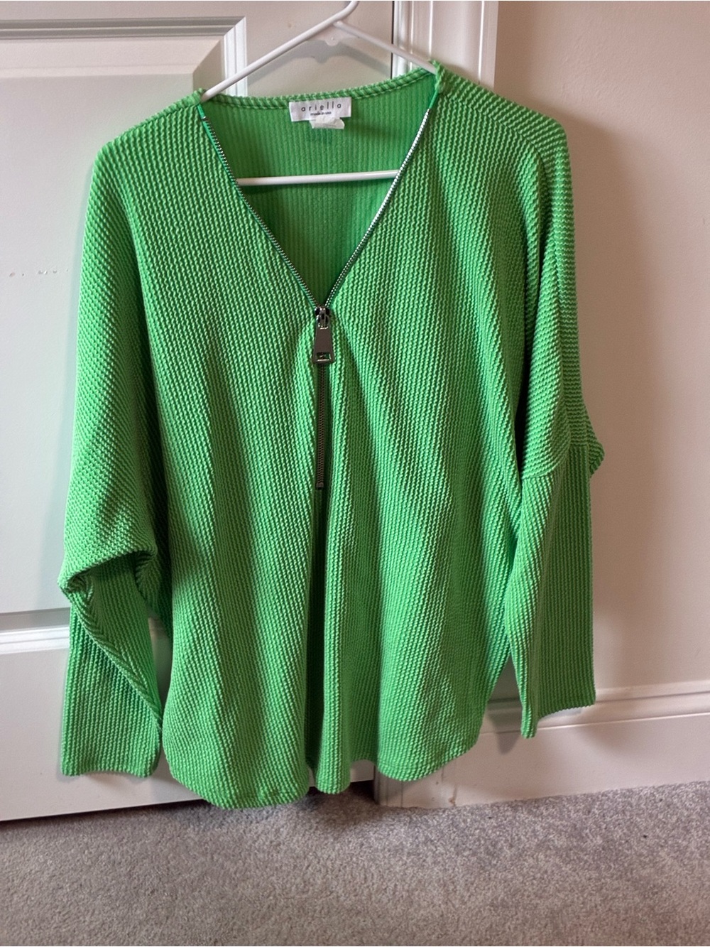 Bright Green Zip-Front V-Neck Sweater